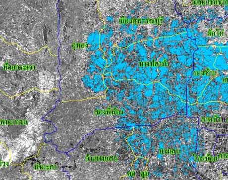 ข้อมูลจากดาวเทียม RADARSAT-1 บันทึกข้อมูลเมื่อวันที่ 7 พฤศจิกายน 2551 เวลา 18.22 น. แสดงพื้นที่น้ำท่วมบริเวณบางส่วนของจังหวัดชัยนาท นครปฐม นครสวรรค์ นนทบุรี ปทุมธานี พระนครศรีอยุธยา สิงหบุรี สุพรรณบุรี อ่างทอง และอุทัยธานี
