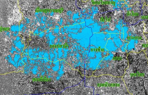 ข้อมูลจากดาวเทียม RADARSAT-1 บันทึกข้อมูลเมื่อวันที่ 6 ตุลาคม 2551 เวลา 06.12 น. แสดงพื้นที่น้ำท่วมบริเวณบางส่วนของจังหวัดพระนครศรีอยุธยา สระบุรี สุพรรณบุรี และอ่างทอง